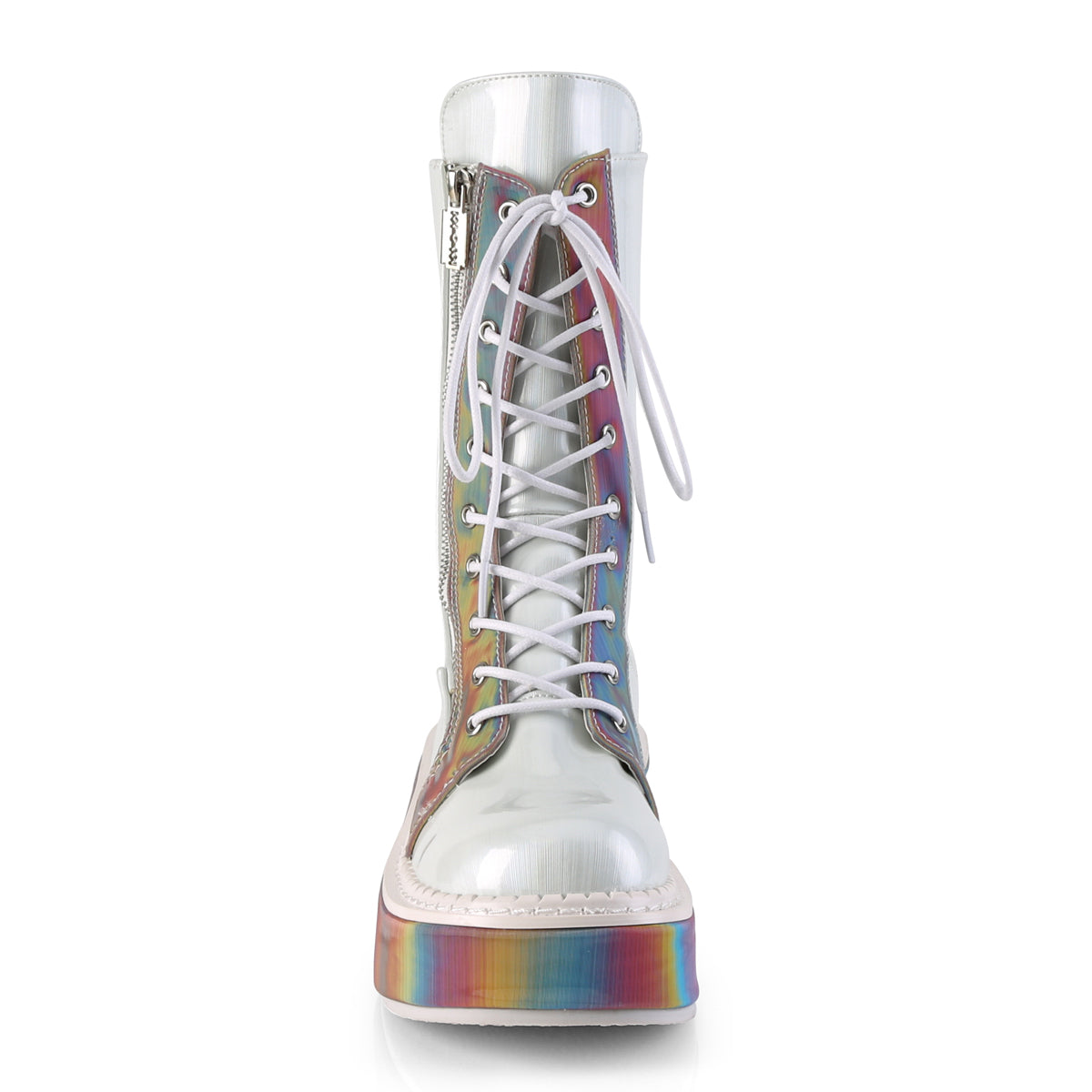 DemoniaCult Botas de mujer EMILY-350 WHT Holograma cepillado de cuero vegano-Rainbow reflexivo