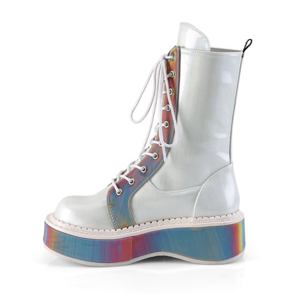 DemoniaCult Botas de mujer EMILY-350 WHT Holograma cepillado de cuero vegano-Rainbow reflexivo