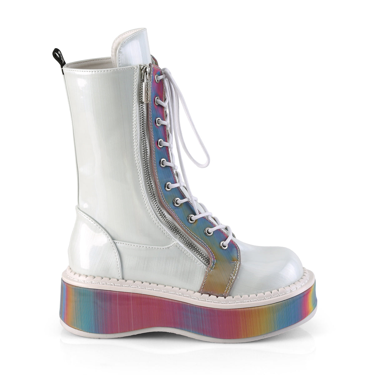 DemoniaCult Botas de mujer EMILY-350 WHT Holograma cepillado de cuero vegano-Rainbow reflexivo