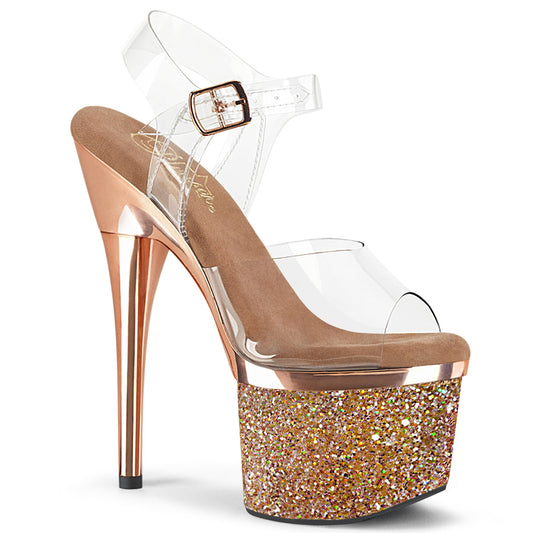 Pleaser Womens Sandals ESTEEM-708CHLG Clr/Rose Gold Chrome-Multi Glitter