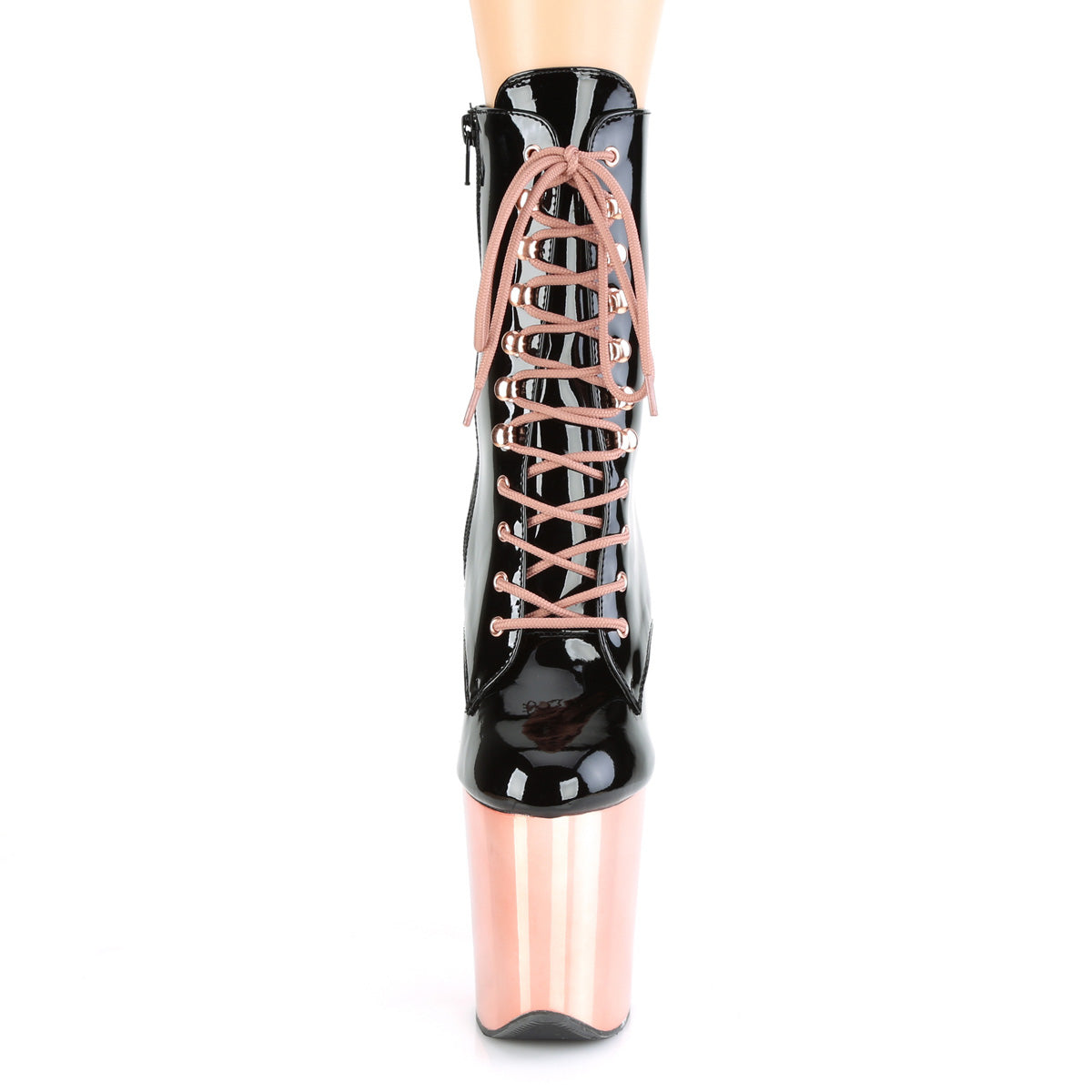 Pleaser Womens Ankle Boots FLAMINGO-1020 Blk Pat/Rose Gold Chrome