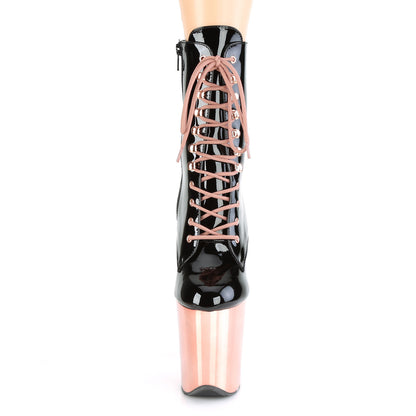 Pleaser Womens Ankle Boots FLAMINGO-1020 Blk Pat/Rose Gold Chrome