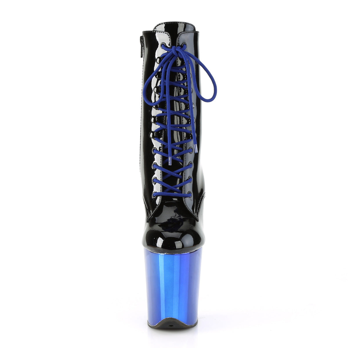 Pleaser Womens Ankle Boots FLAMINGO-1020 Blk Pat/Royal Blue Chrome