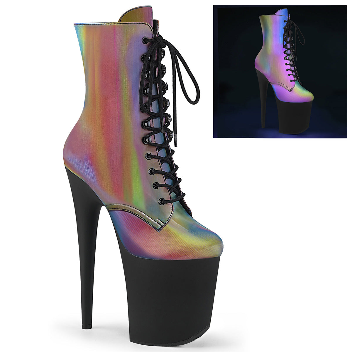 Pleaser Botas de tobillo para mujer FLAMINGO-1020Reffl Rainbow Reflectante / blk mate