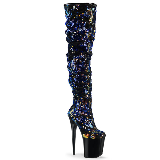 Pleaser Botas de mujer FLAMINGO-3004 Lentejuelas iridiscentes azules / BLK