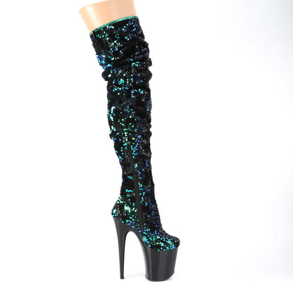 Pleaser Womens Boots FLAMINGO-3004 Green Iridescent Sequins/Blk