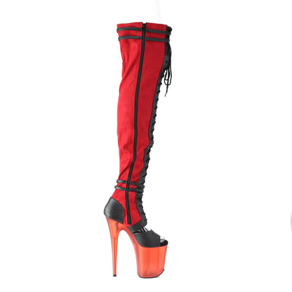 Pleaser Womens Boots FLAMINGO-3027 Red Faux Suede-Blk Faux Leather/Frosted Red