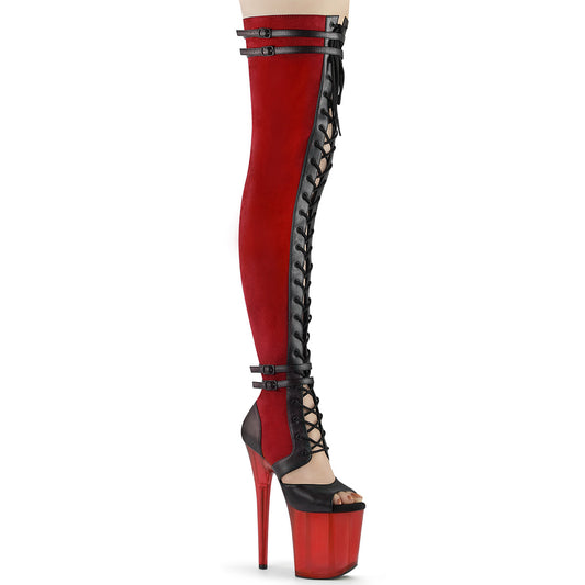 Pleaser Womens Boots FLAMINGO-3027 Red Faux Suede-Blk Faux Leather/Frosted Red