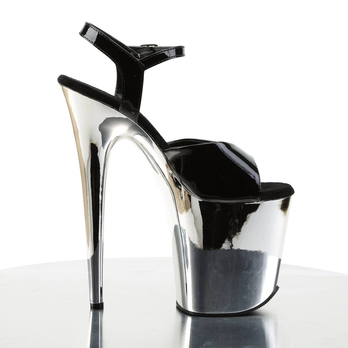 Pleaser Womens Sandals FLAMINGO-809 Blk Pat/Slv Chrome