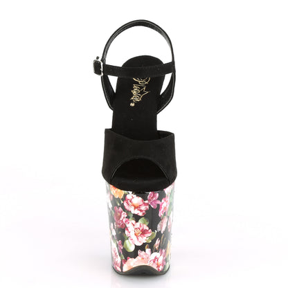 Pleaser Sandalias para mujer FLAMINGO-809WR Black Faux Suede / Flower Print envuelto