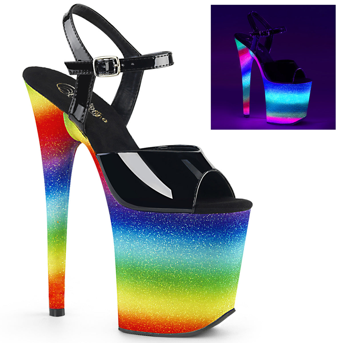 Pleaser Womens Sandals FLAMINGO-809WR Blk Pat/Rainbow Glitter