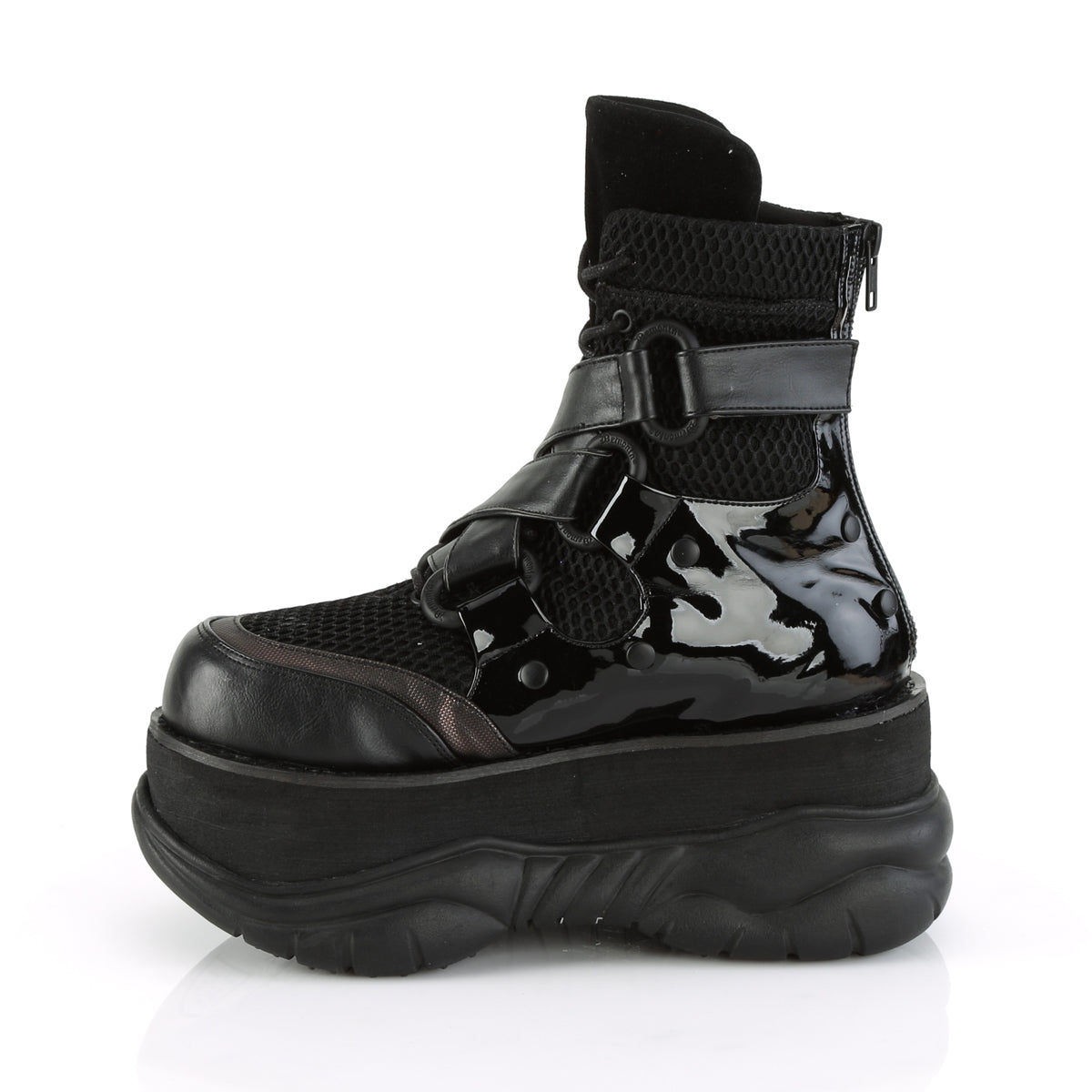 DemoniaCult Mens Boots NEPTUNE-126 Blk Vegan Leather-Fishnet Fabric-Pat