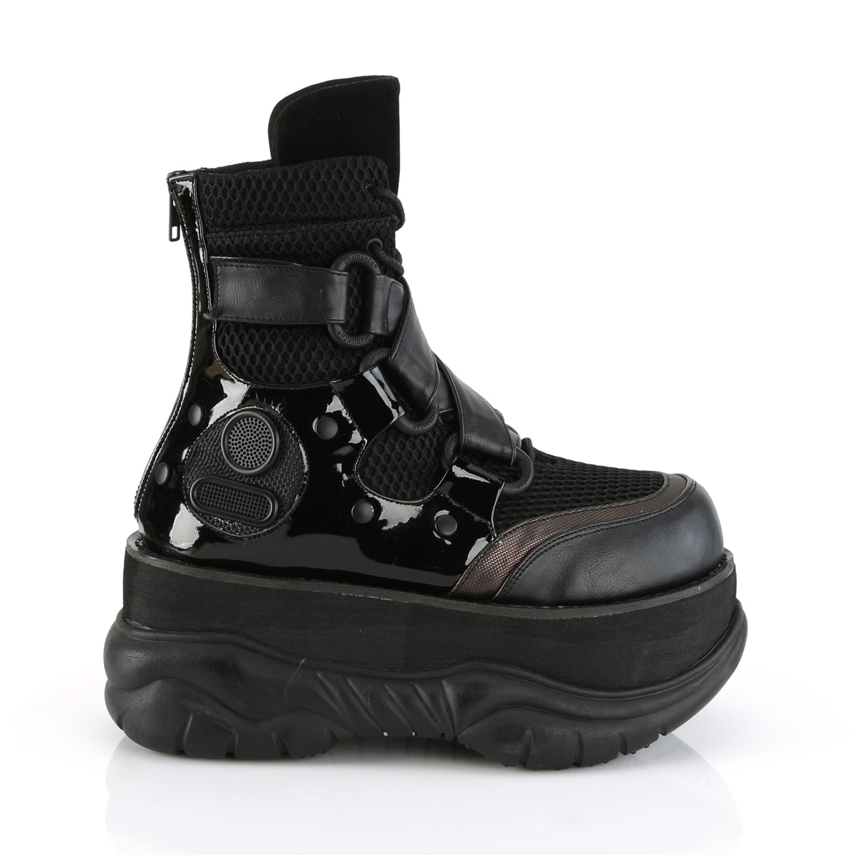DemoniaCult Mens Boots NEPTUNE-126 Blk Vegan Leather-Fishnet Fabric-Pat
