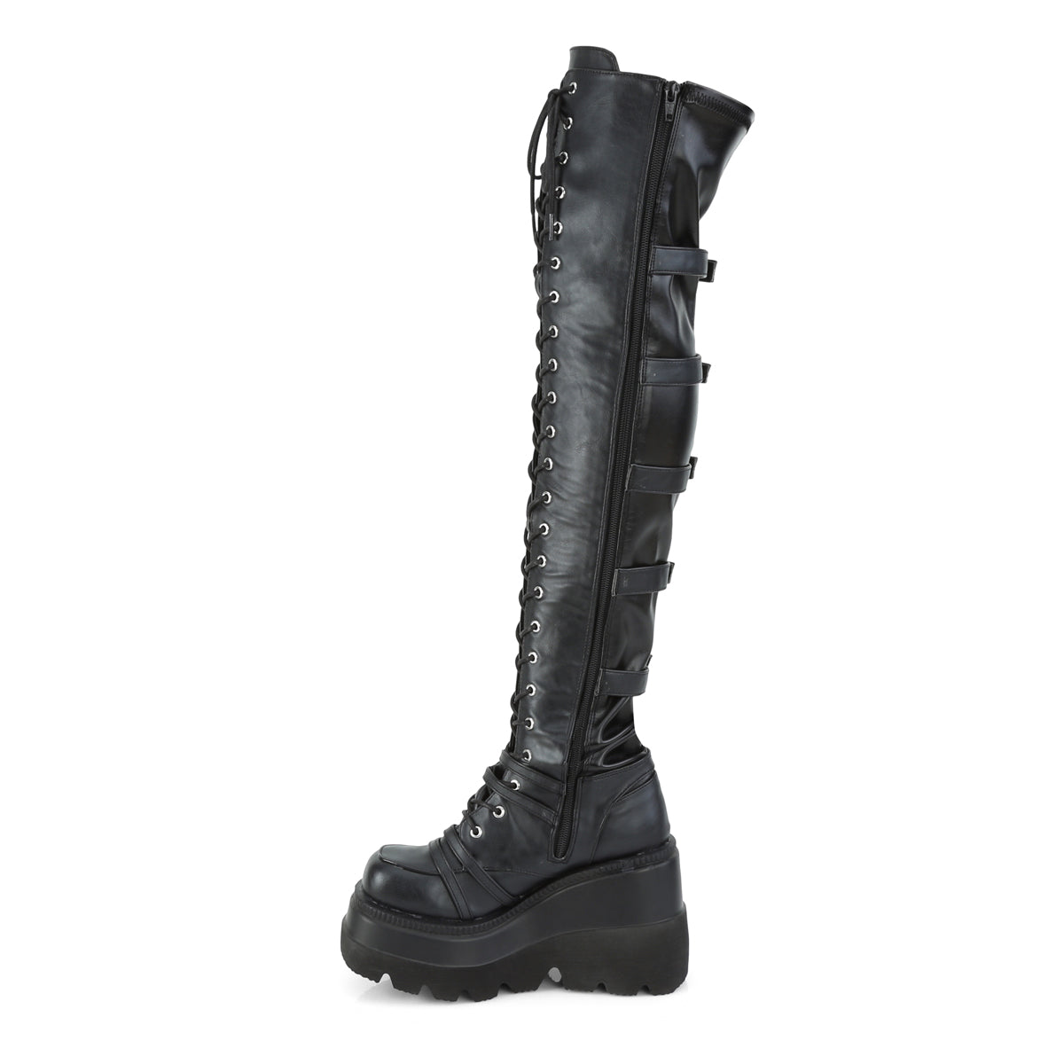 DemoniaCult Botas de mujer SHAKER-350 estiramiento de cuero vegano negro