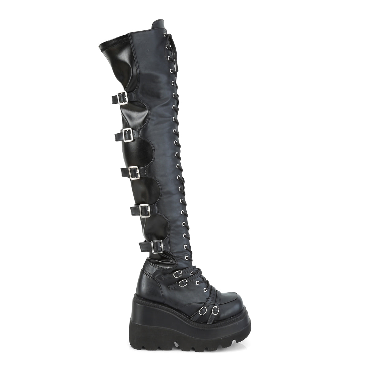 DemoniaCult Botas de mujer SHAKER-350 estiramiento de cuero vegano negro