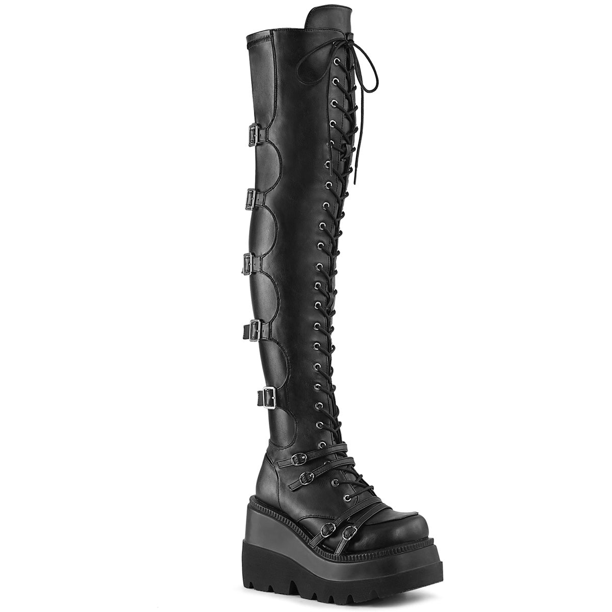 DemoniaCult Botas de mujer SHAKER-350 estiramiento de cuero vegano negro