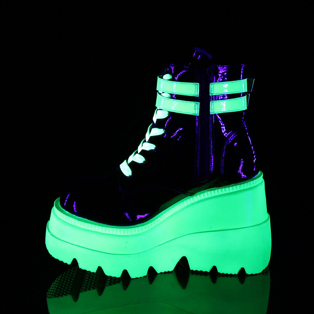 DemoniaCult Botas de tobillo para mujeres SHAKER-52 Blk Pat-Uv Neon Green