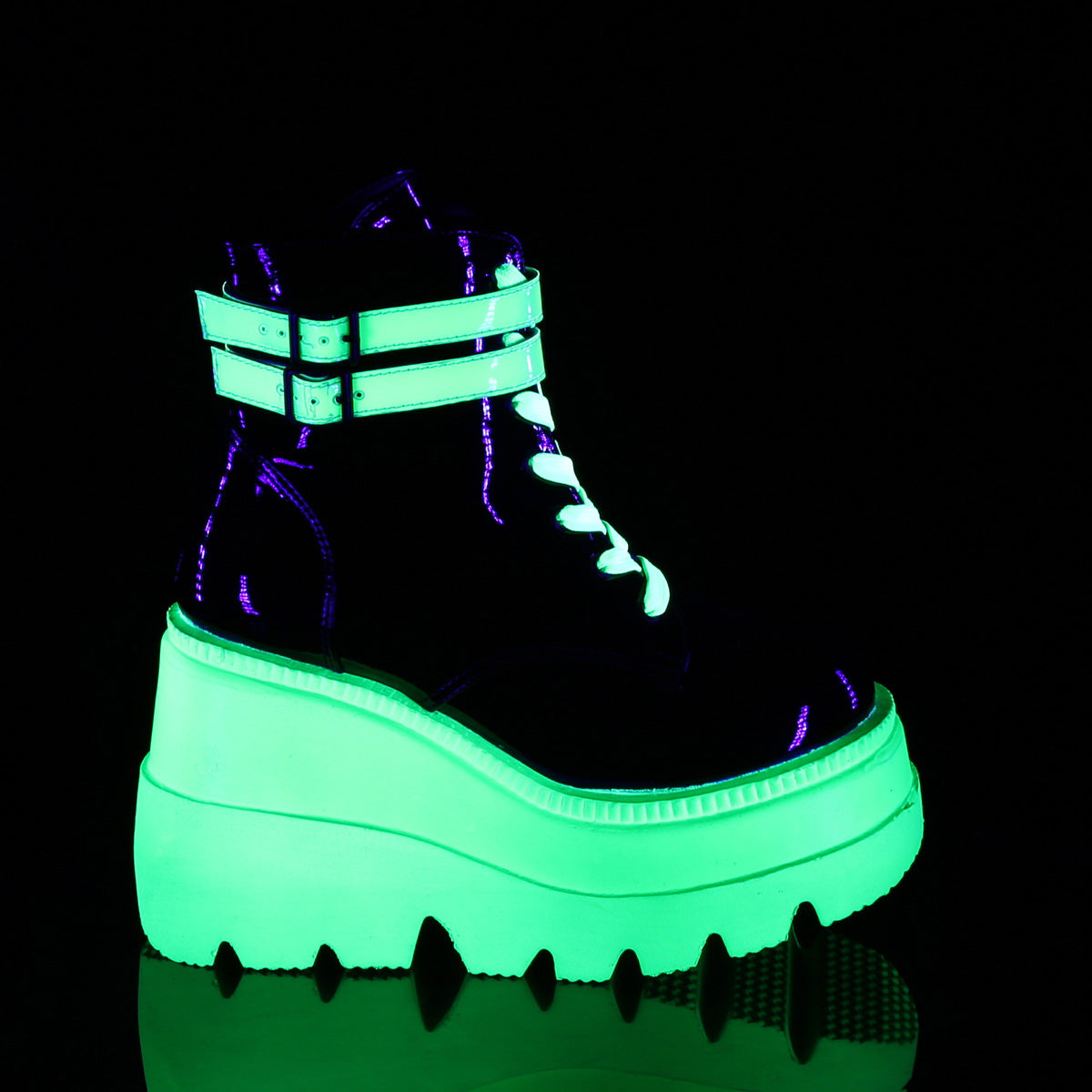 DemoniaCult Botas de tobillo para mujeres SHAKER-52 Blk Pat-Uv Neon Green