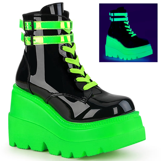 DemoniaCult Botas de tobillo para mujeres SHAKER-52 Blk Pat-Uv Neon Green