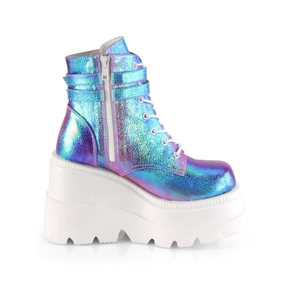 DemoniaCult Botas de tobillo para mujeres SHAKER-52 cuero vegano de múltiples iridiscentes morados
