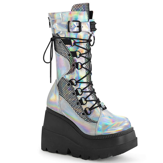 DemoniaCult Botas de mujer SHAKER-70 Silver Holo. Red de pescado de cuero vegano de cuero