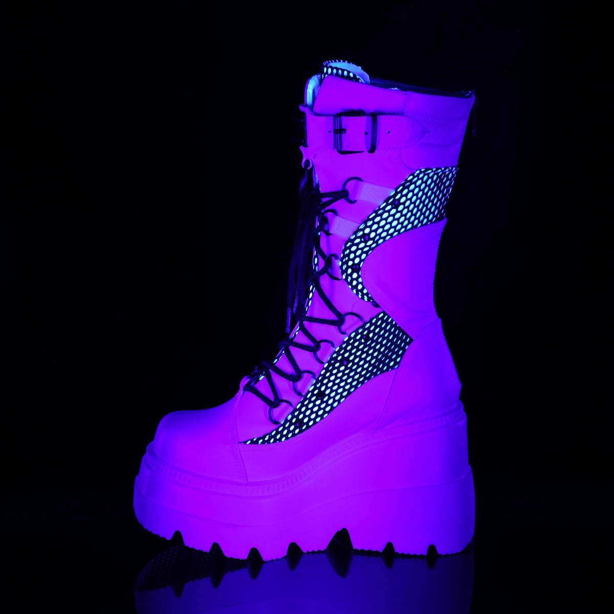 DemoniaCult Botas de mujer SHAKER-70 red de pescado de cuero vegano blanco blanco