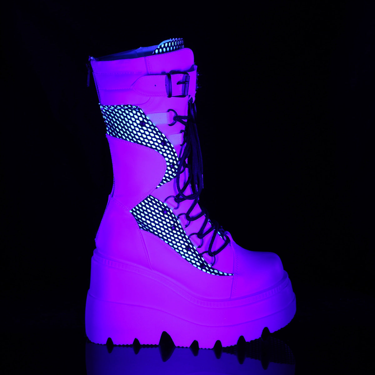 DemoniaCult Botas de mujer SHAKER-70 red de pescado de cuero vegano blanco blanco