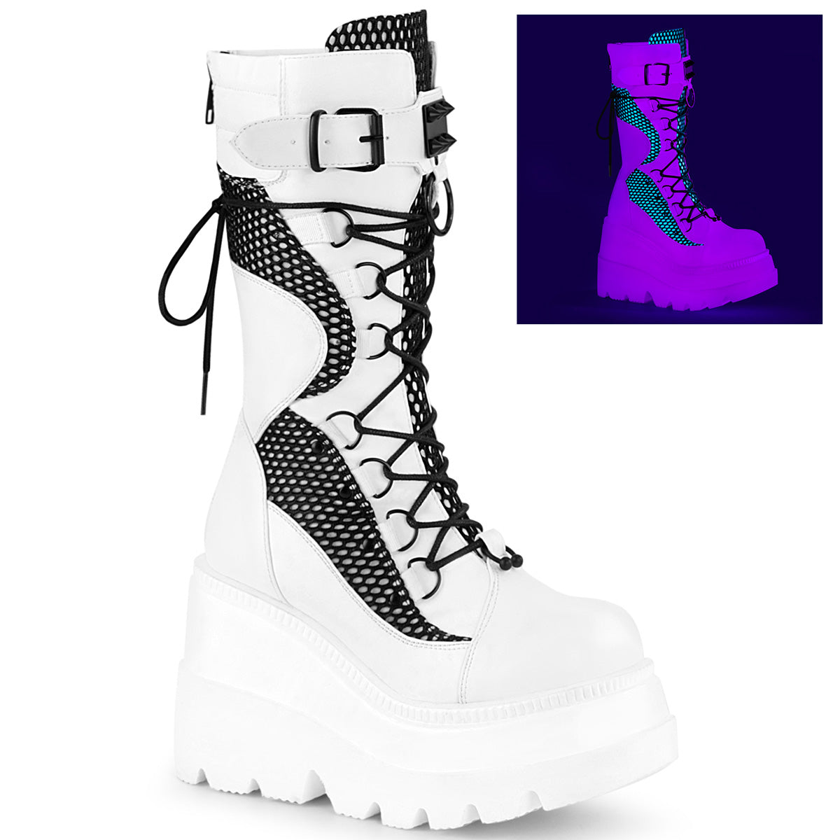 DemoniaCult Botas de mujer SHAKER-70 red de pescado de cuero vegano blanco blanco