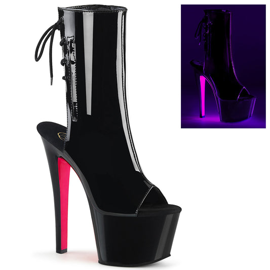Pleaser Botas de tobillo para mujer SKY-1018TT BLK PAT / BLK-NEON H. PINK