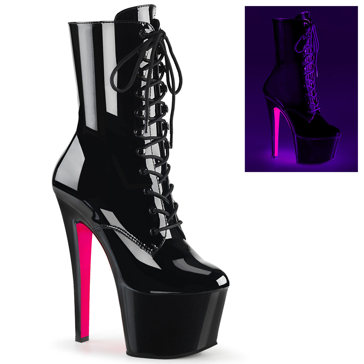 Pleaser Womens Ankle Boots SKY-1020TT Blk Pat/Blk-Neon H. Pink