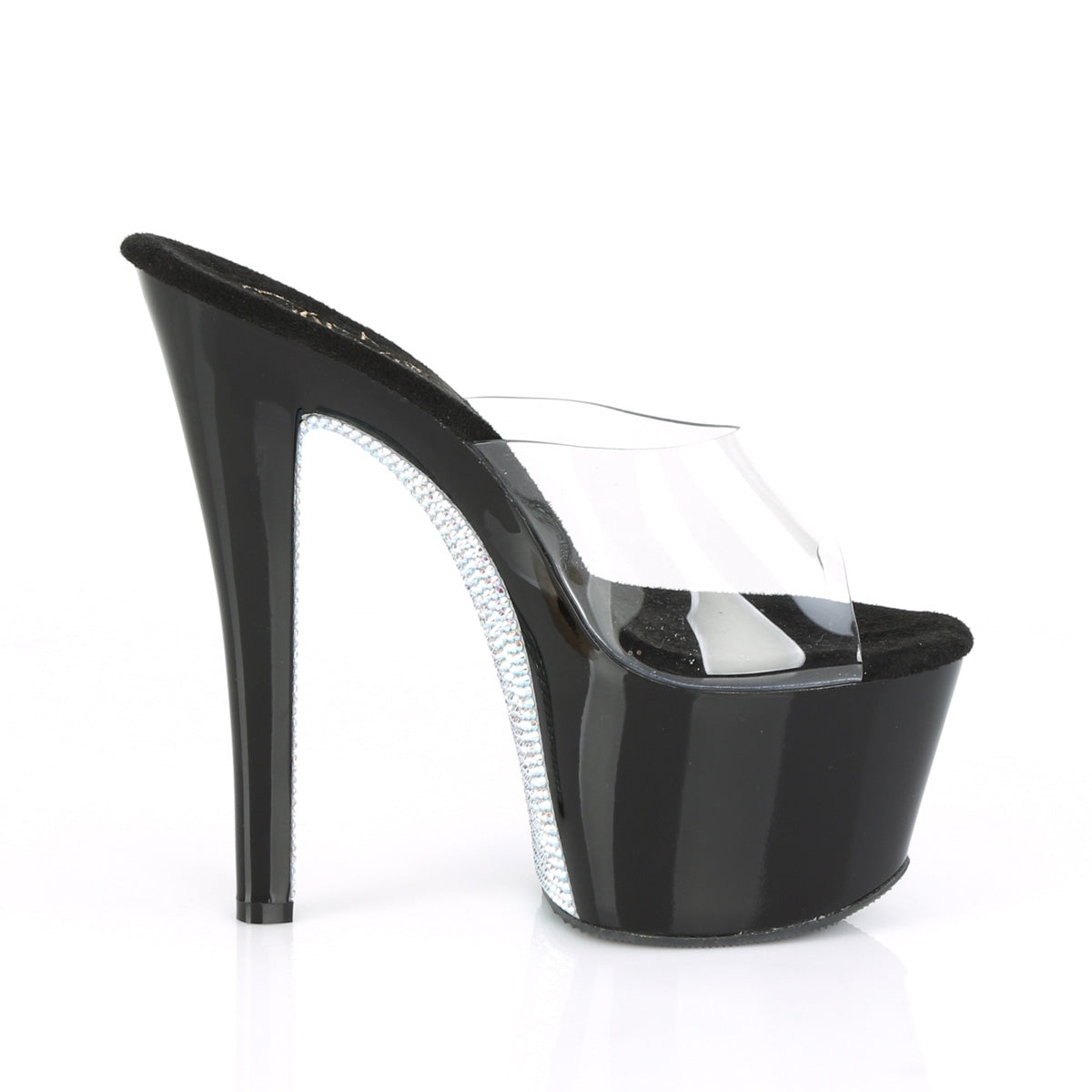 Pleaser Sandalias para mujer SKY-301CRS CLR / BLK-SLV AB Rhinestone