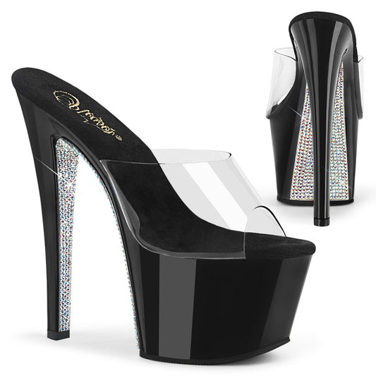 Pleaser Sandalias para mujer SKY-301CRS CLR / BLK-SLV AB Rhinestone