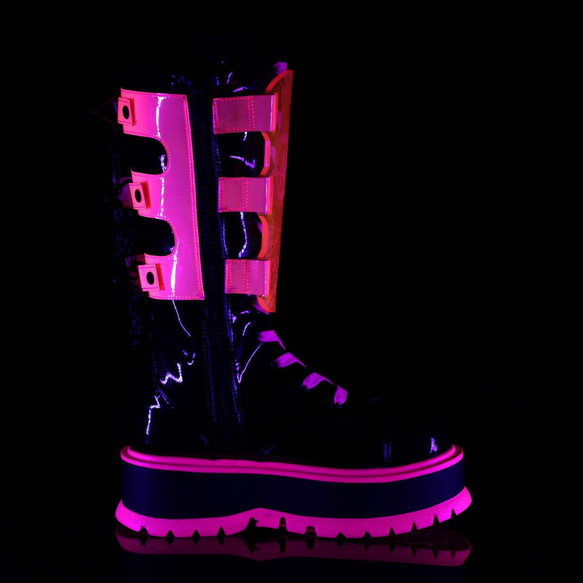DemoniaCult  Boots SLACKER-156 Blk Patent-UV Neon Pink