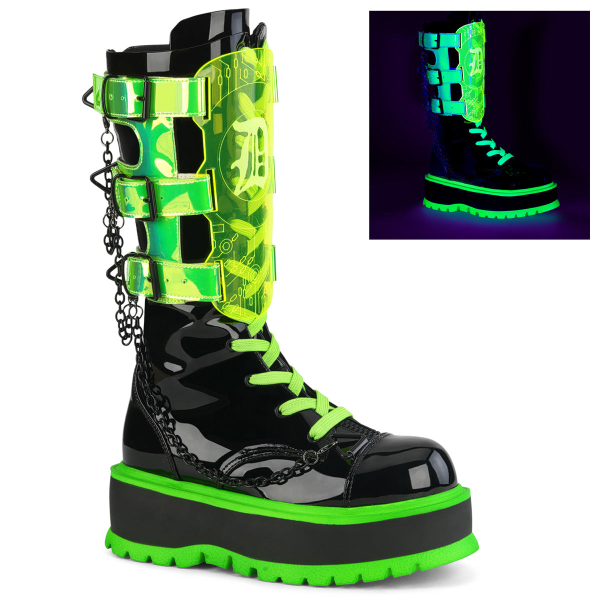 DemoniaCult  Botas SLACKER-156 Blk Pat-Uv Neon Green