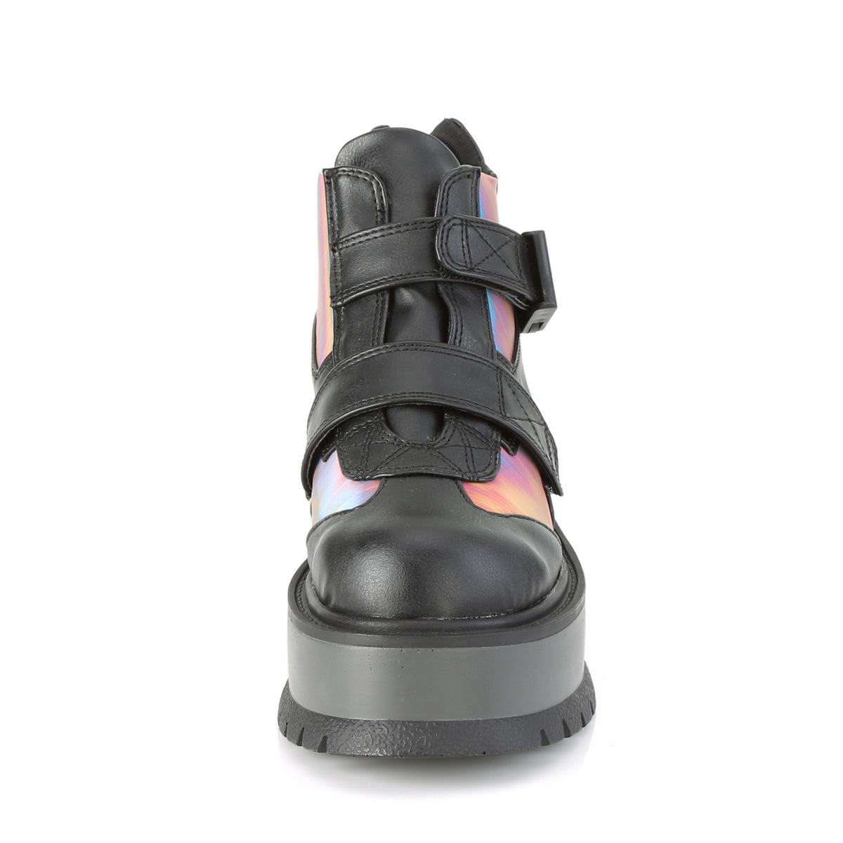 DemoniaCult Botas de tobillo para mujeres SLACKER-32 BLK de cuero vegano-Rainbow reflexivo