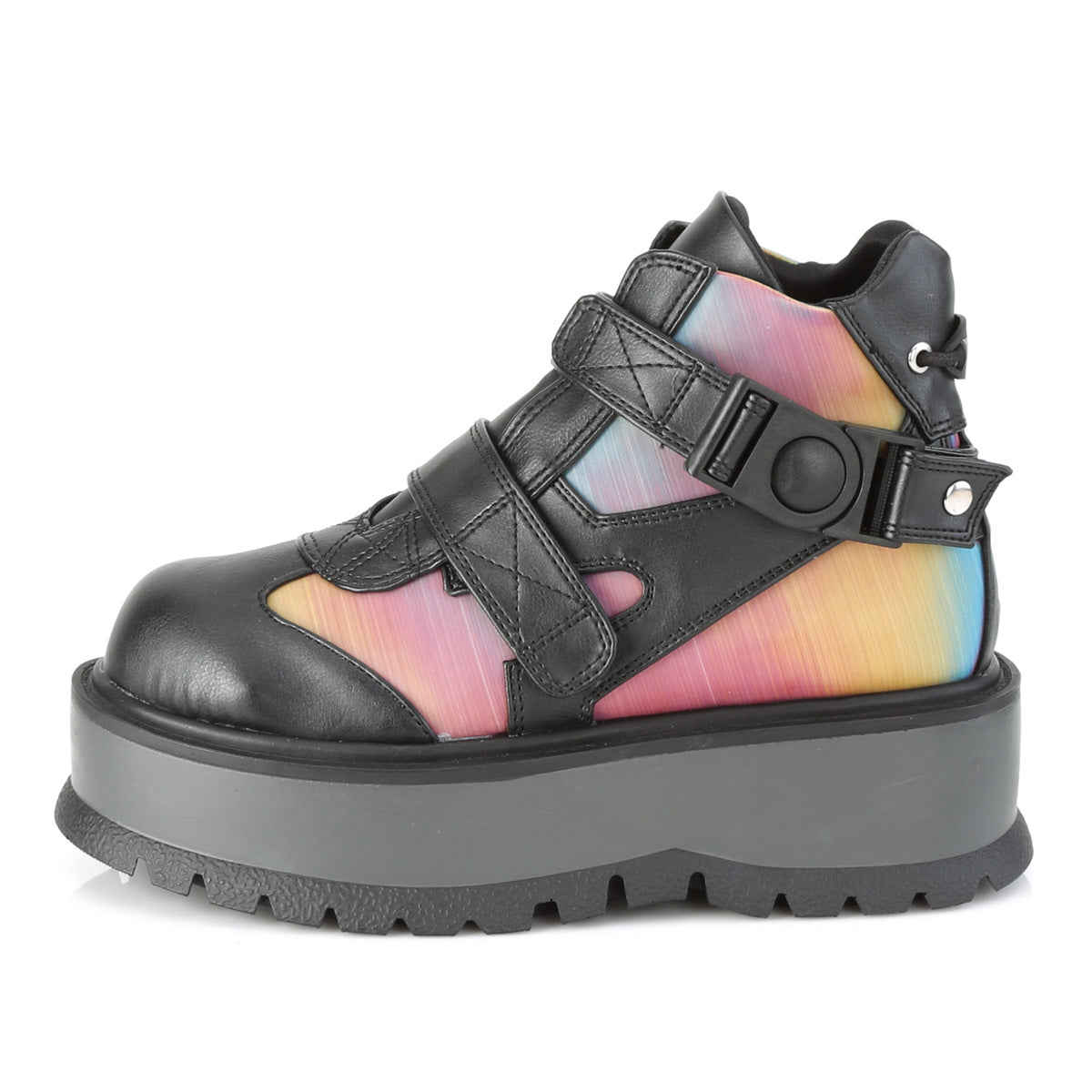 DemoniaCult Botas de tobillo para mujeres SLACKER-32 BLK de cuero vegano-Rainbow reflexivo