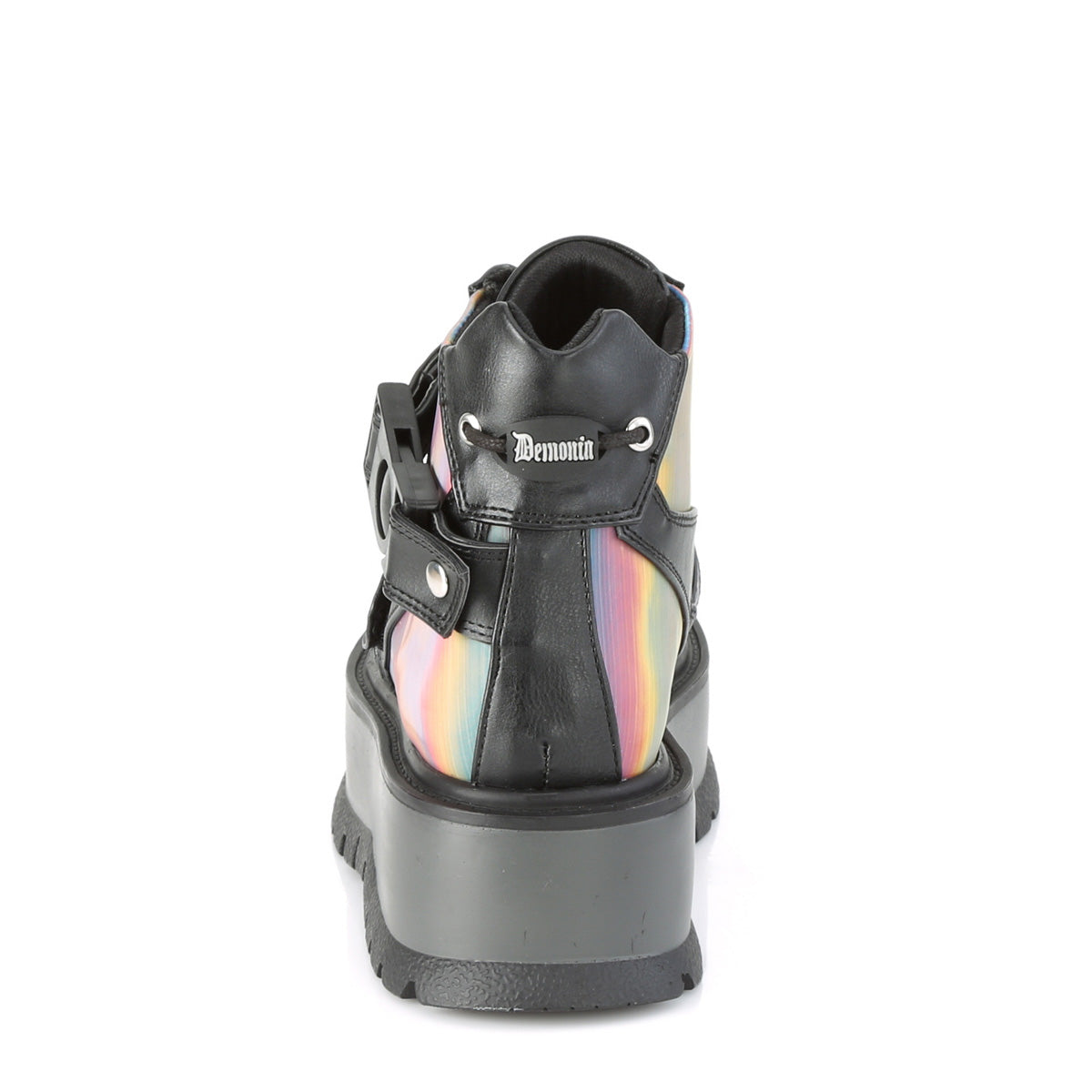 DemoniaCult Botas de tobillo para mujeres SLACKER-32 BLK de cuero vegano-Rainbow reflexivo