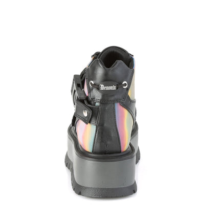 DemoniaCult Botas de tobillo para mujeres SLACKER-32 BLK de cuero vegano-Rainbow reflexivo