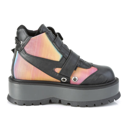 DemoniaCult Botas de tobillo para mujeres SLACKER-32 BLK de cuero vegano-Rainbow reflexivo