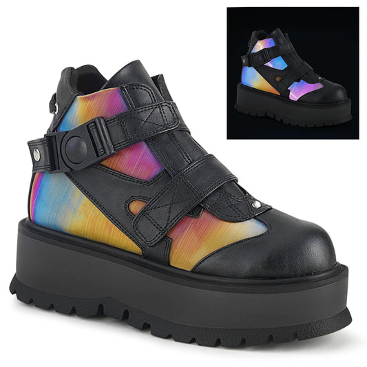 DemoniaCult Botas de tobillo para mujeres SLACKER-32 BLK de cuero vegano-Rainbow reflexivo