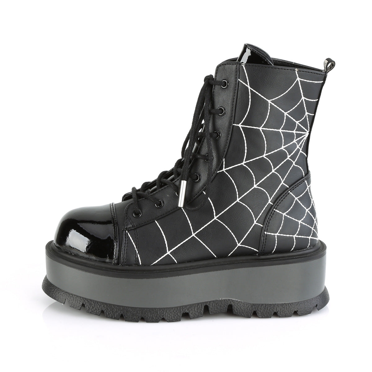 DemoniaCult Botas de tobillo para mujeres SLACKER-88 Pat de cuero vegano negro