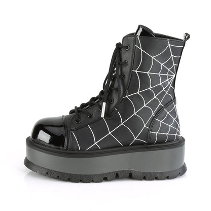 DemoniaCult Botas de tobillo para mujeres SLACKER-88 Pat de cuero vegano negro