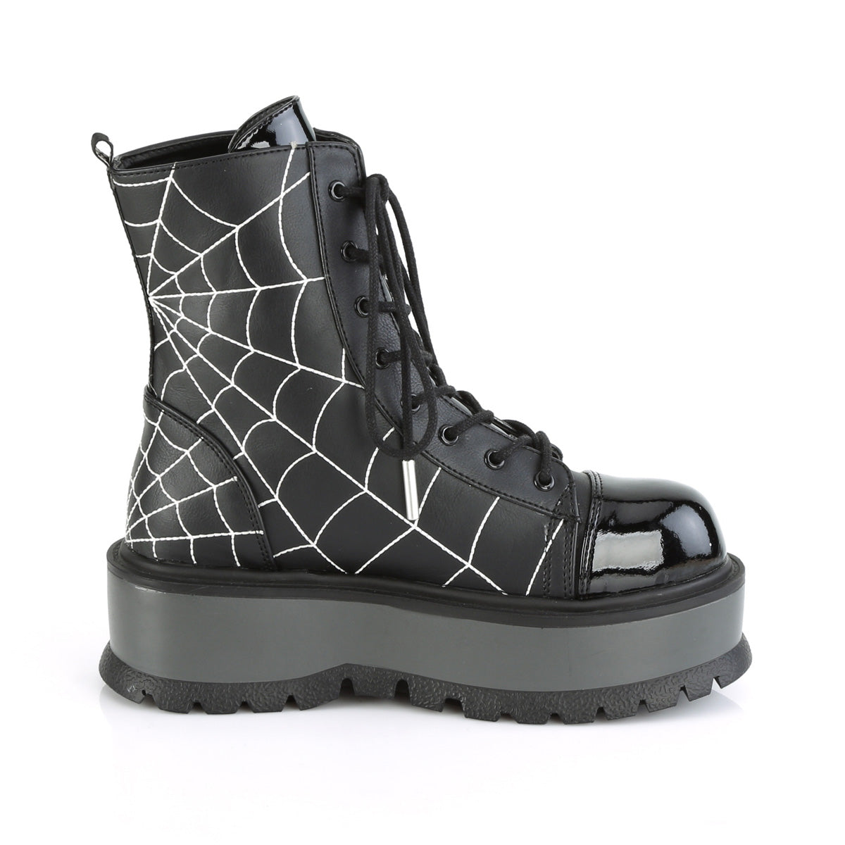 DemoniaCult Botas de tobillo para mujeres SLACKER-88 Pat de cuero vegano negro