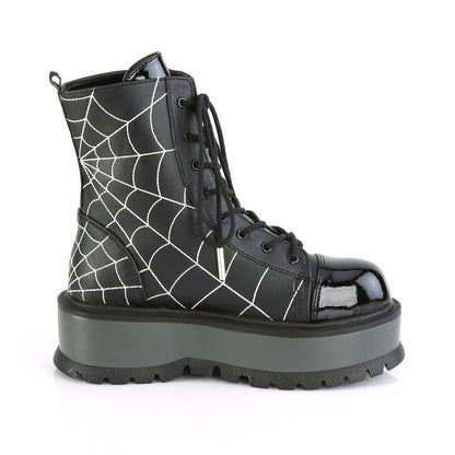 DemoniaCult Botas de tobillo para mujeres SLACKER-88 Pat de cuero vegano negro