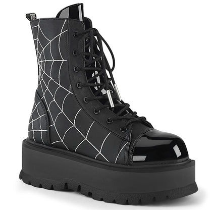 DemoniaCult Botas de tobillo para mujeres SLACKER-88 Pat de cuero vegano negro