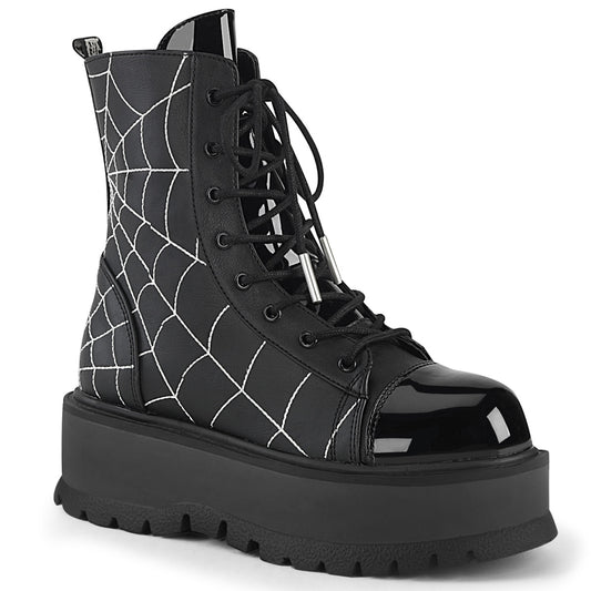 DemoniaCult Botas de tobillo para mujeres SLACKER-88 Pat de cuero vegano negro