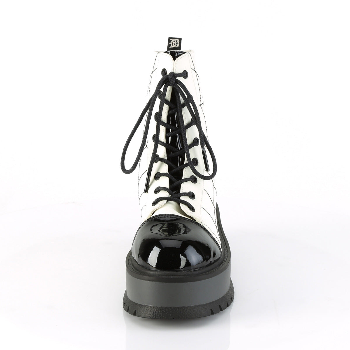 DemoniaCult Botas de tobillo para mujeres SLACKER-88 Pat de cuero vegano blanco brillo blanco