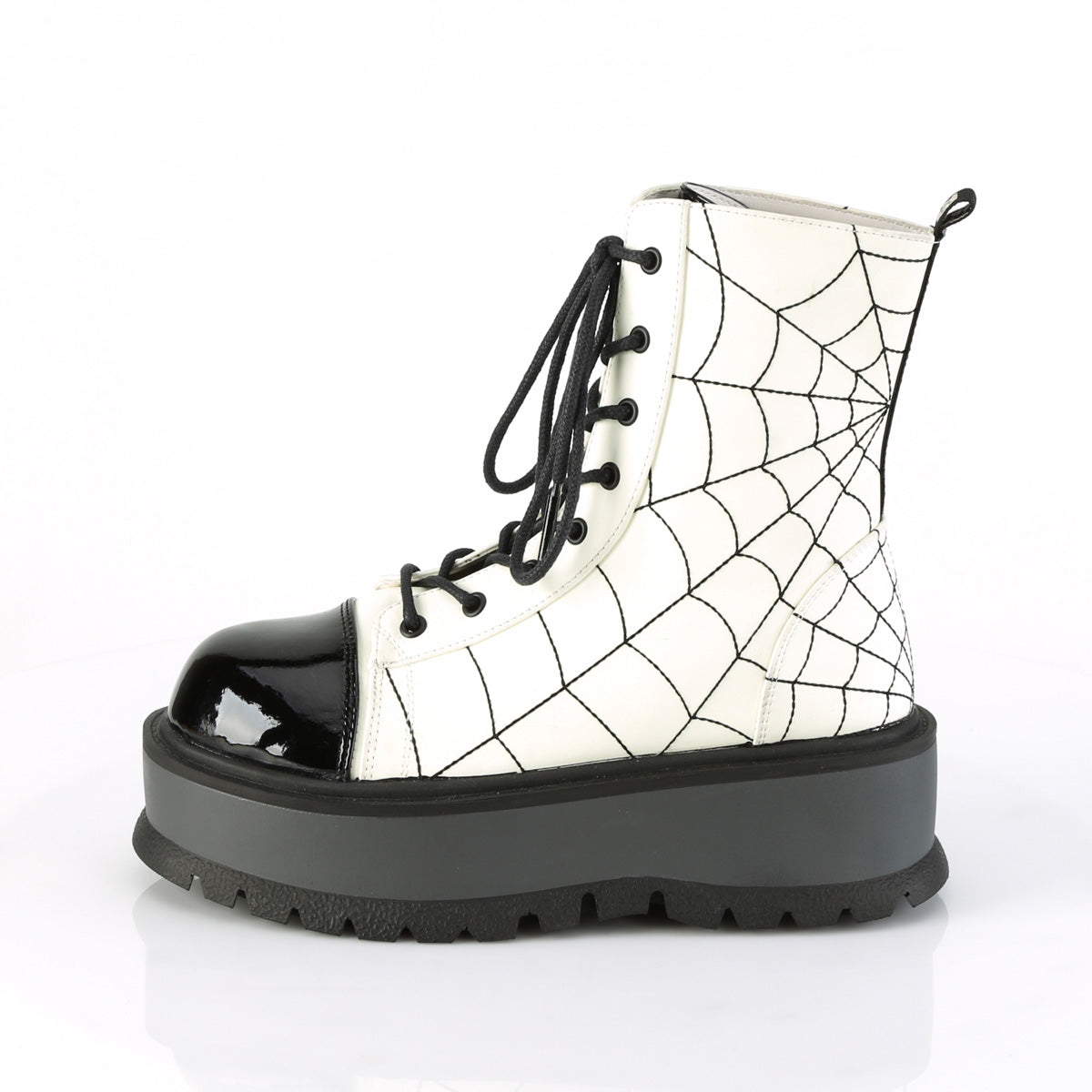 DemoniaCult Botas de tobillo para mujeres SLACKER-88 Pat de cuero vegano blanco brillo blanco