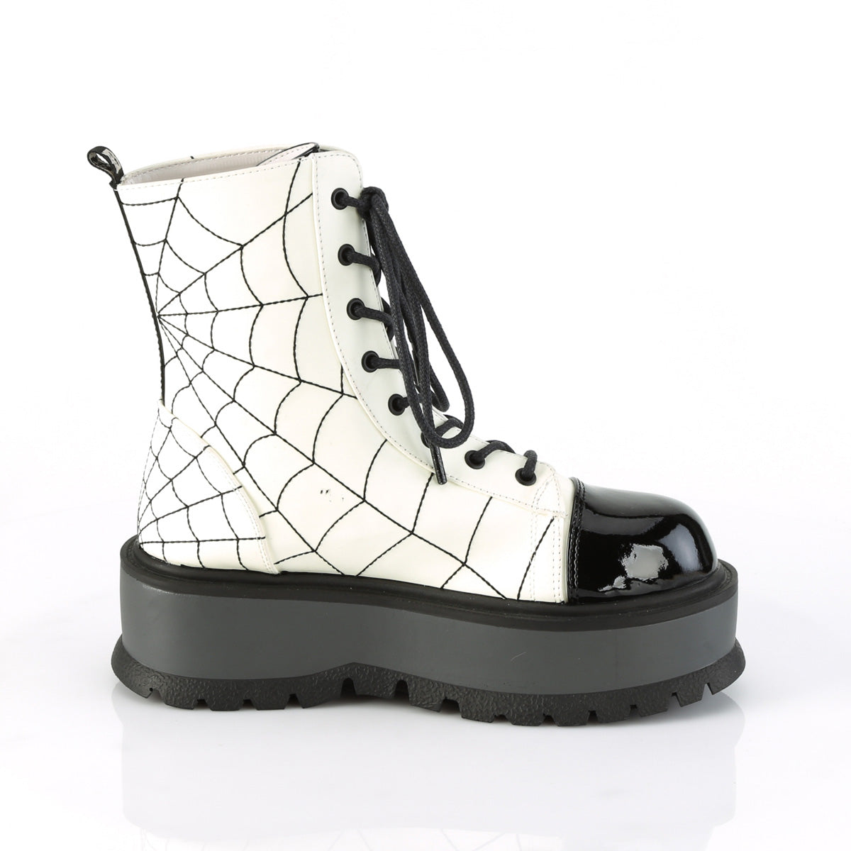 DemoniaCult Botas de tobillo para mujeres SLACKER-88 Pat de cuero vegano blanco brillo blanco