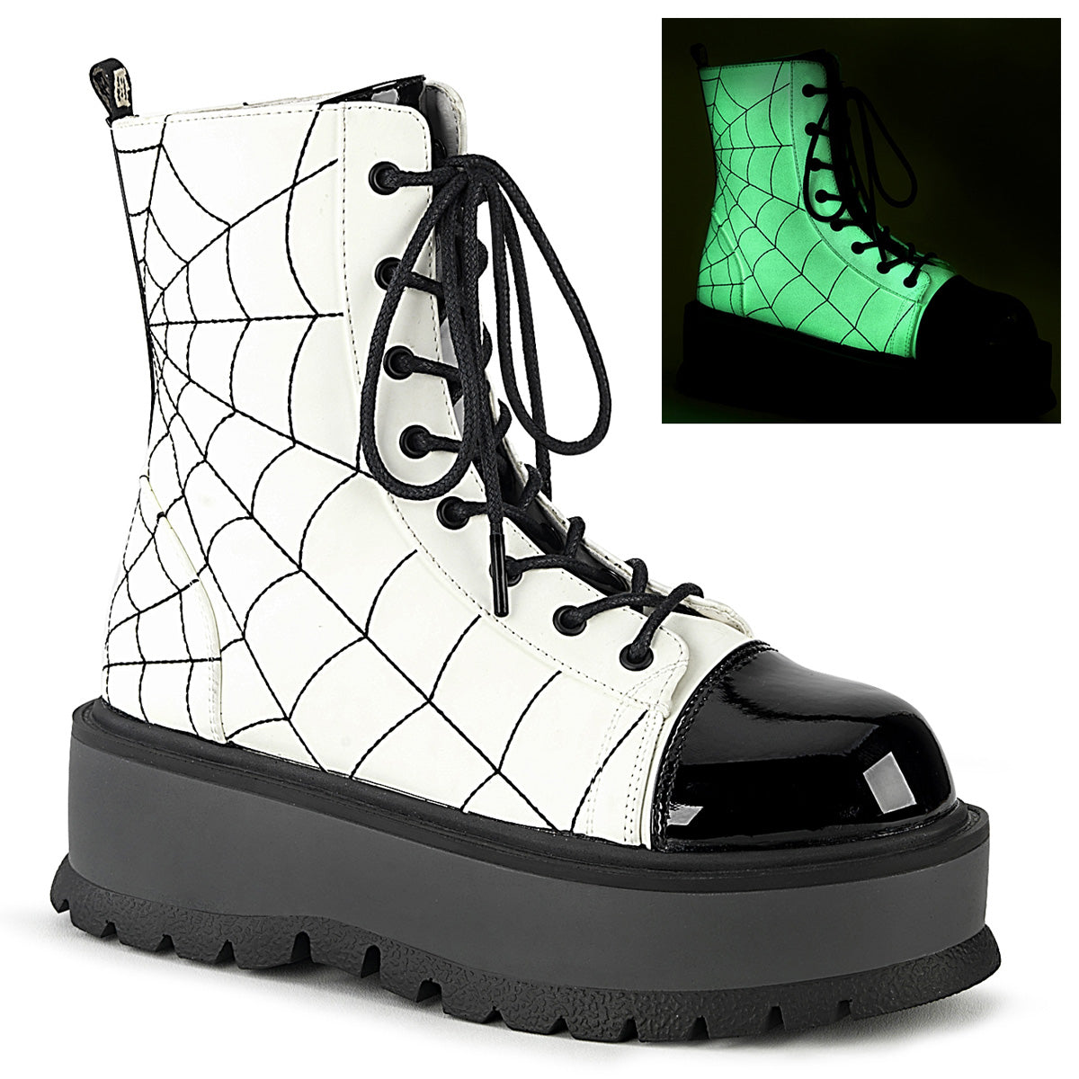 DemoniaCult Botas de tobillo para mujeres SLACKER-88 Pat de cuero vegano blanco brillo blanco